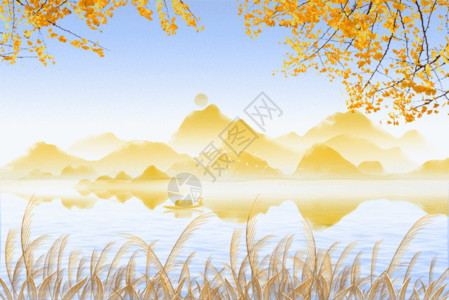 草棒球铁长凳金色水墨银杏秋天背景GIF高清图片
