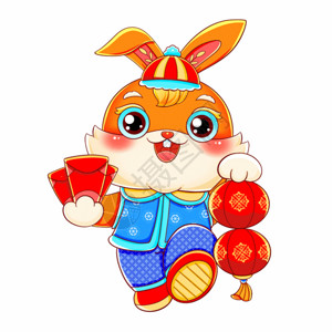 回家过年元素国潮兔年春节新年举红包提灯笼的兔子元素gif动图高清图片