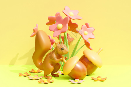 草地上小松鼠3D秋天可爱松鼠场景设计图片