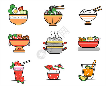 中餐画册卡通描边中餐食物图标icon插画