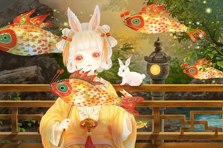2023年兔年兔子拟人春节新年插画拿着鱼灯的少女背景图片