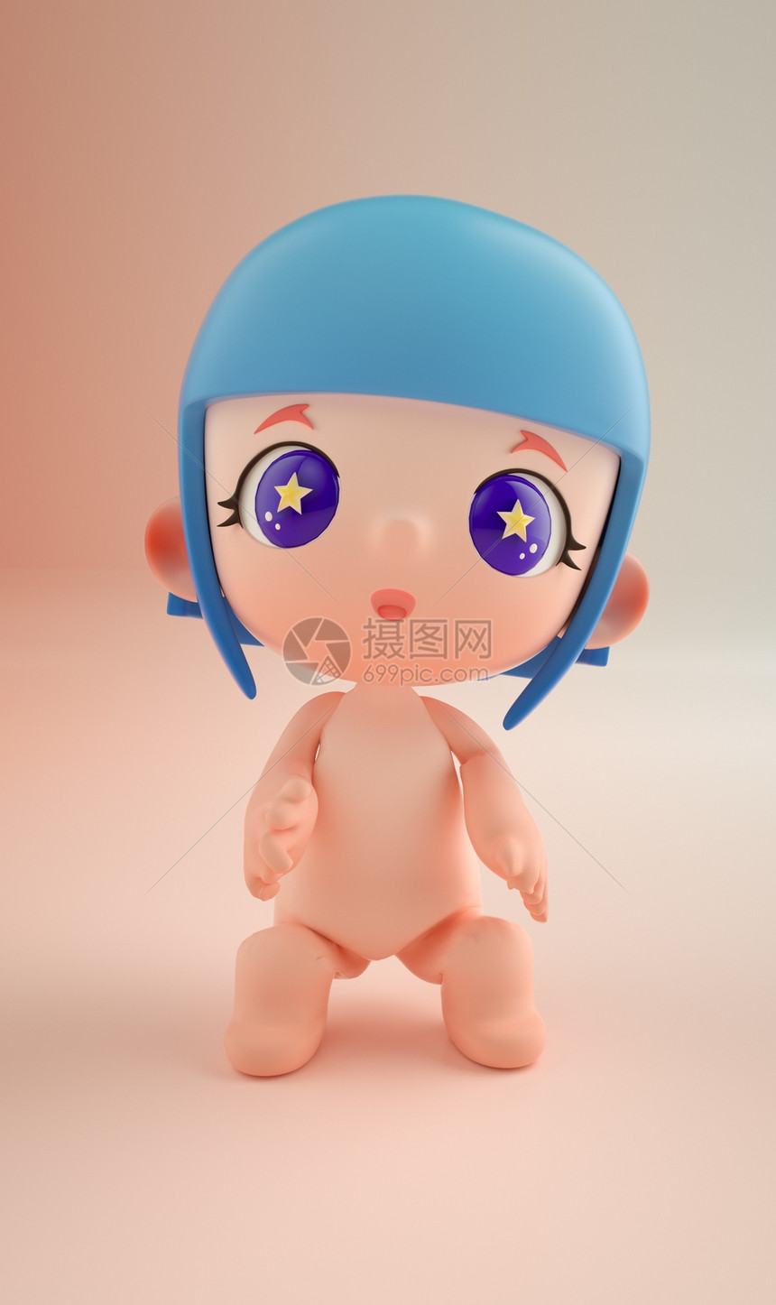 C4D呆萌可爱卡通人物C4D人物IP建模渲染C4D人物星星眼小女孩图片