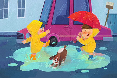 女孩妈白露的下雨天一起踩水绘本故事插画