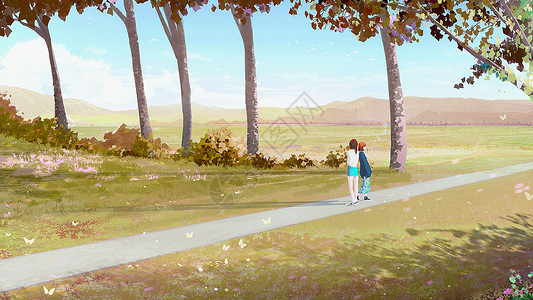 四明山森林公园秋季姐妹去旅游插画
