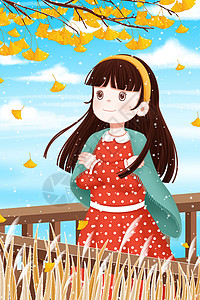 秋天披着披肩站在银杏树下的女孩背景图片