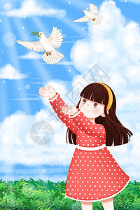 白色和平鸽世界和平日女孩放飞和平鸽插画