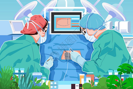 医疗显示器医疗插画医生手术室为患者进行手术治疗插画