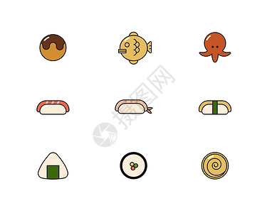 扁平风日本寿司鲷鱼烧章鱼烧饭团食物元素插画