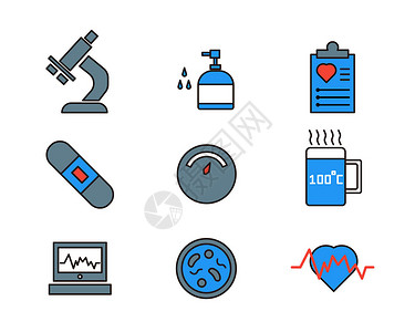 高倍镜片蓝色灰色显微镜洗手液医疗记录创口贴体重计开水心电仪显微镜片心电医疗主题医疗矢量元素套图插画