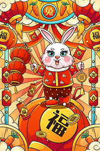 穿着衣服兔子喜庆2023癸卯兔年拿灯笼金币兔子春节插画插画