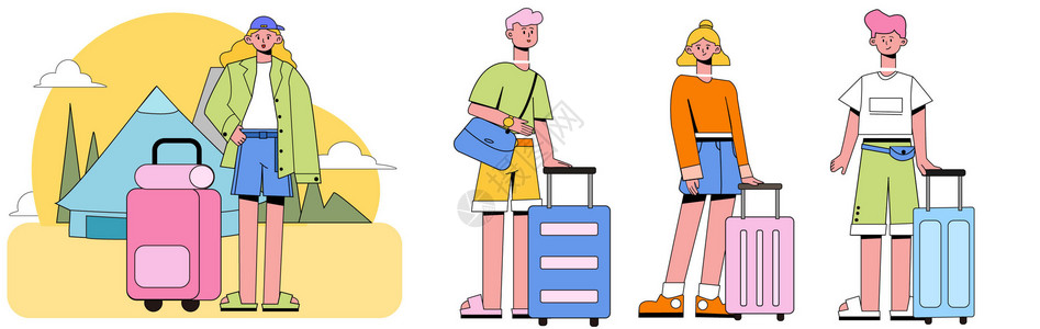 泛黄色的纸糖果色站姿野外旅游携带行李箱露营SVG插画插画