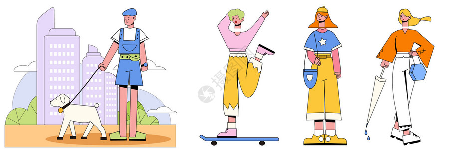 卡通彩色小飞机淡彩色城市街道遛狗滑板拿伞逛街人物生活SVG插画插画