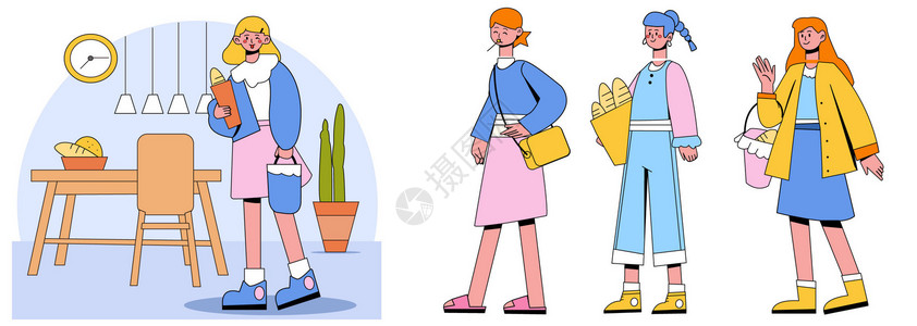 淡彩色面包店门口面包互动人物生活SVG插画背景图片
