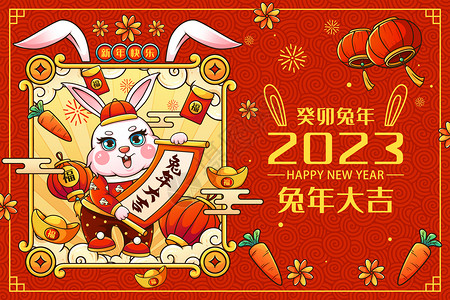 兔耳朵边框喜庆2023癸卯兔年台历封面插画插画