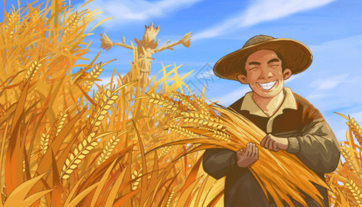 抱着小麦农民秋天丰收的农民伯伯GIF高清图片