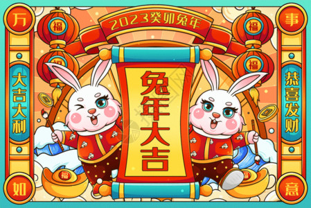 春联插画素材喜庆2023癸卯兔年写对联拿毛笔兔子春节新年插画gif动图高清图片