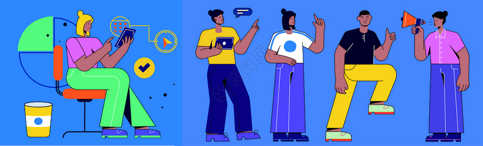 企业形象背景黄蓝色搞怪玩电子产品的人物插画