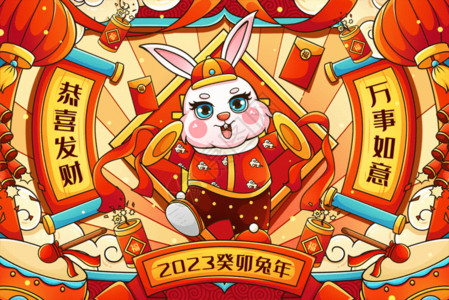 红包和元宝喜庆2023癸卯兔年打锣兔子迎新年春节插画gif动图高清图片