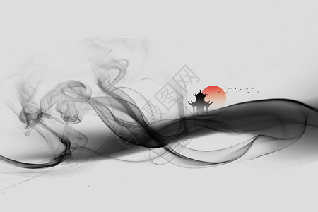 墨汁喷溅大气水墨亭子中国水墨背景设计图片