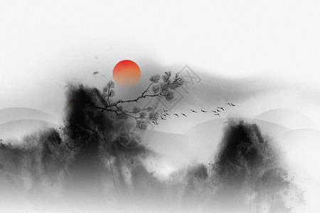 松树素材照片大气红日松树中国水墨背景设计图片