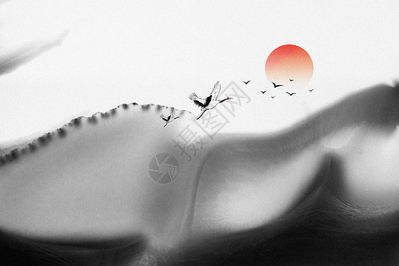 墨汁喷溅大气红日飞鹤山水中国水墨背景设计图片