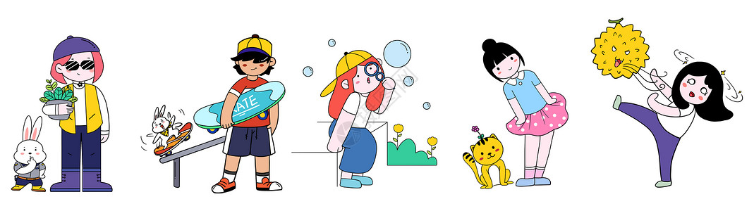 吹泡泡表情包时尚墨镜女孩一起做运动可爱线描SVG插画插画
