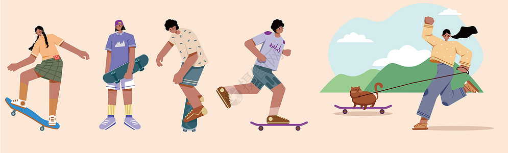 滑板人物扁平风手绘矢量人物插画滑板少年插画