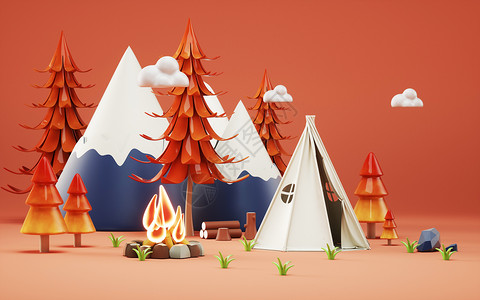 秋季出游字体3D森林露营场景设计图片