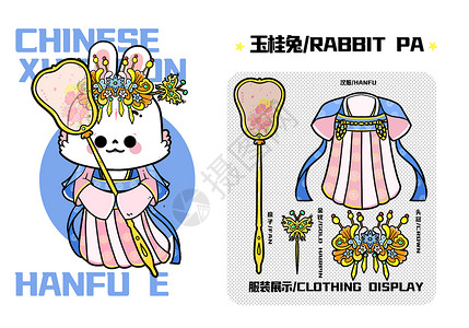 自拍小兔形象小兔IP形象设计玉桂兔蓝粉搭配服装配饰插画