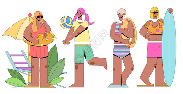 沙滩矢量图扁平风人物之沙滩游泳人物组件插画插画