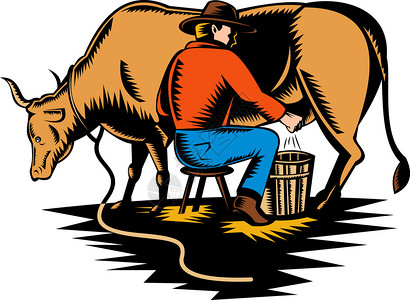 以木刻风格完成的农民挤奶牛的插图图片
