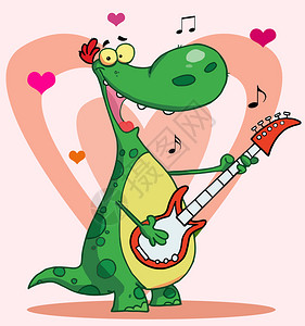 红尘情歌浪漫吉他手恐龙用音符和心唱情歌插画