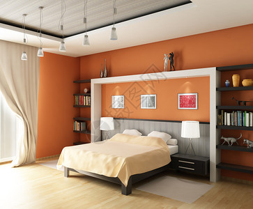 现代卧室有大床的意大利面橙图片