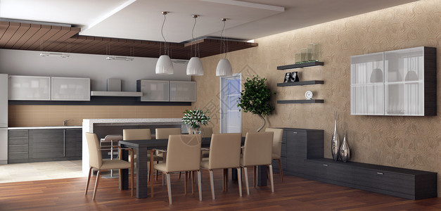 独创性3d渲染温馨的厨房和宽敞的餐厅设计图片