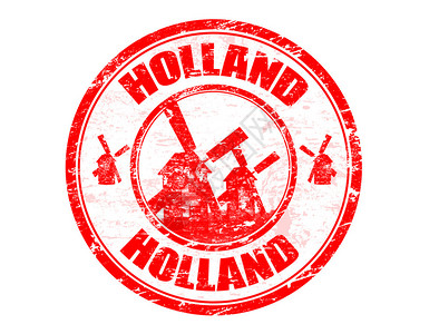 国漫风红色橡皮图章上面有风车轮影和荷兰国插画