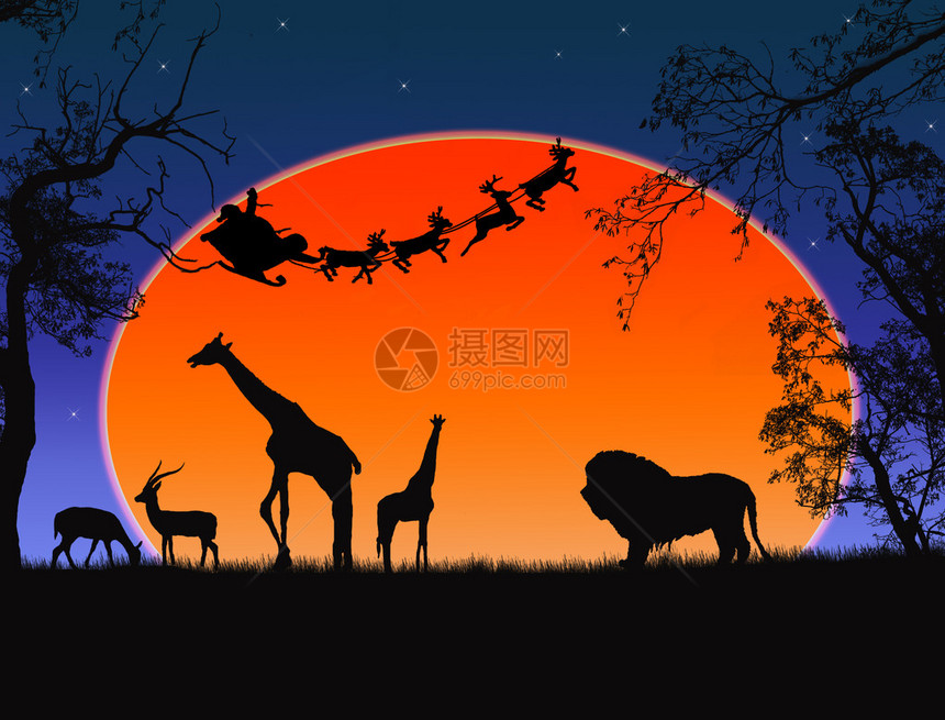 圣诞老人在非洲野生动物和飞行圣图片