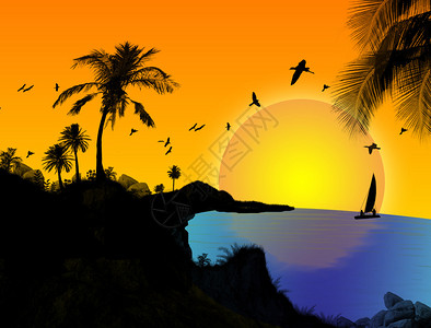 日落时的热带天堂景观矢量图图片