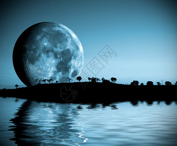满月和湖的夜景图片