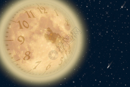 星空中的月亮和时钟图片