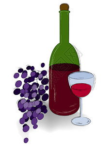 赤湾静物与一杯一瓶酒和葡萄插画
