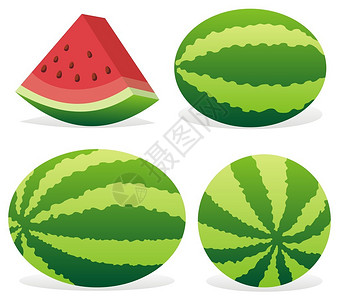 三个成熟的西瓜和一个切片在白背景图片