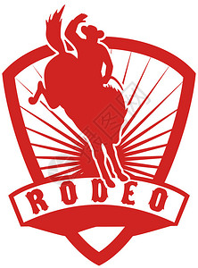 Retro风格插图一名美国牛仔骑着一匹斗牛的野马在护盾背景图片
