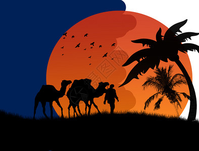 撒哈拉沙漠日落有骆驼和图片