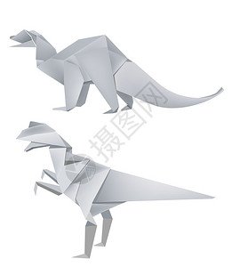 两种不同的恐龙模型由纸制成折纸模型在白图片