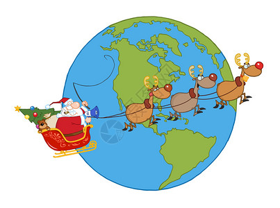 圣诞老人带着他的驯鹿和雪橇飞越地球图片