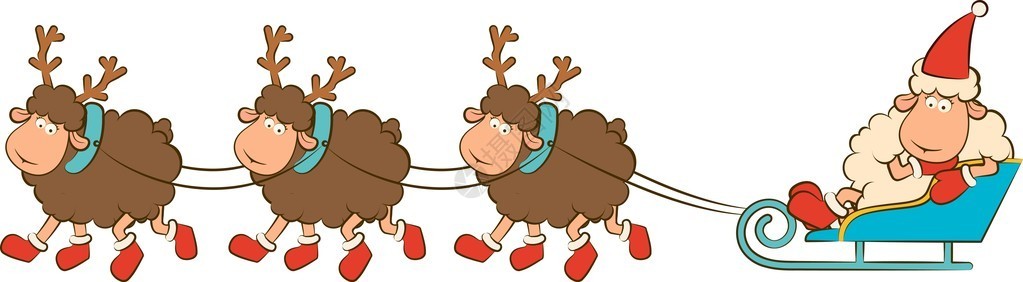 卡通搞笑鹿与雪橇圣诞插画图片