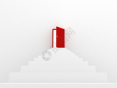 打开红色门的白色楼梯图片