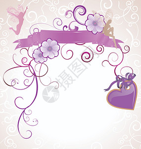 白色背景上的紫色或紫色仙女和花朵心形卷轴图片