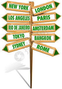以箭向世界最受欢迎的城市展示木制标志图片