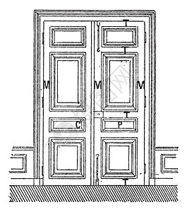 T型广告牌门有两片叶子C门C框架M数量P广告牌T型导轨复古雕刻插图单词和事物词典Larive和Fl插画
